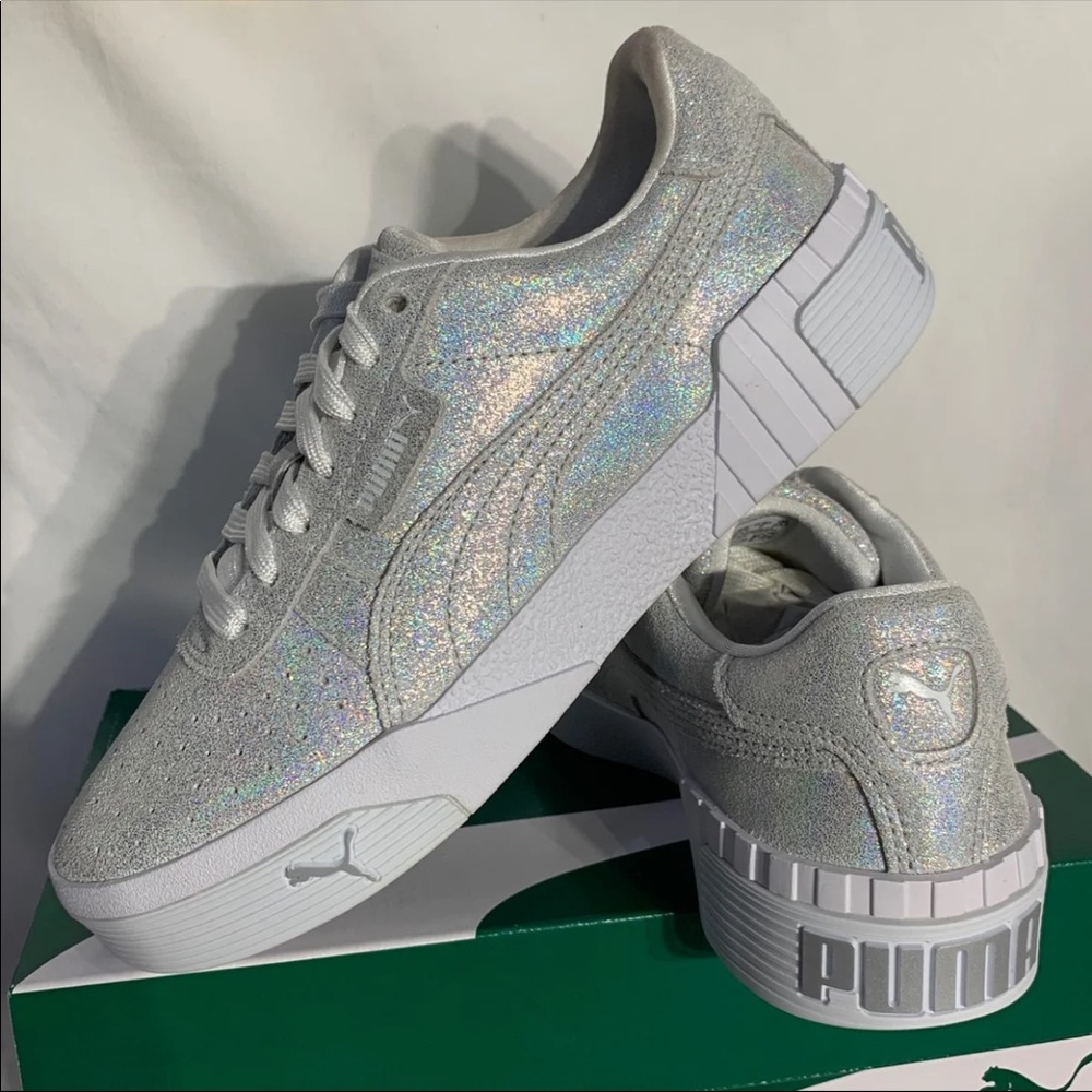 Puma Cali Shimmer Holographic Rainbow Glitter Silver White Shoes Womans NWB - Picture 5 of 7